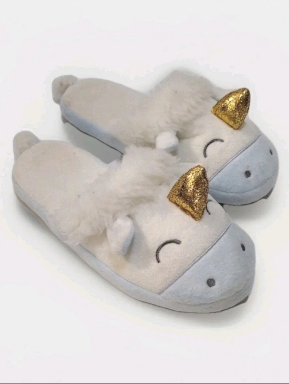 Kids Unicorn Plush House Slippers Faux Fur Gold Horn Cozy Bedroom Shoes Size 6